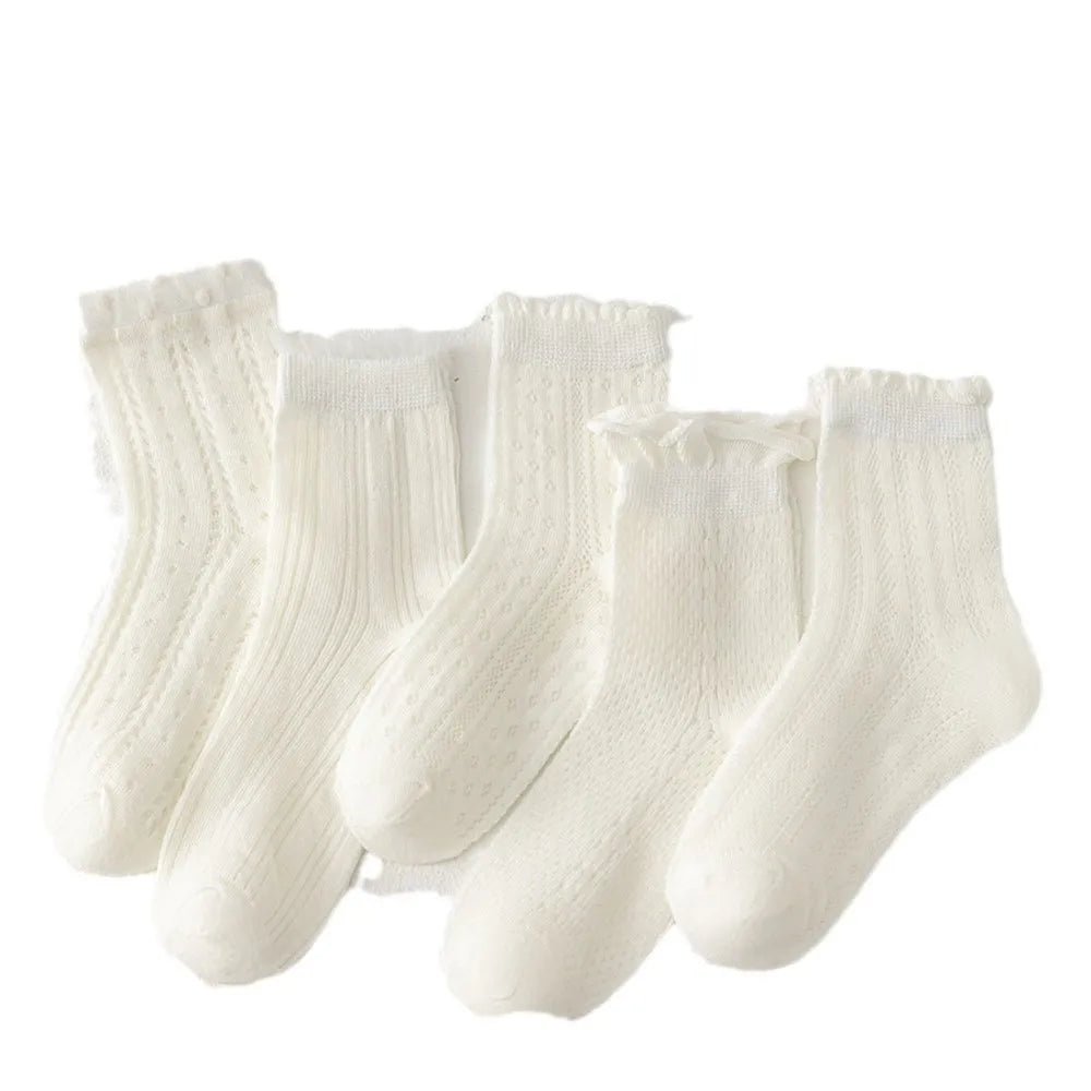 5 Pairs/Pack Girls Lolita Socks Summer Thin Breathable White Princess Lace Trimmed Ankle Socks for Baby Children Clothes