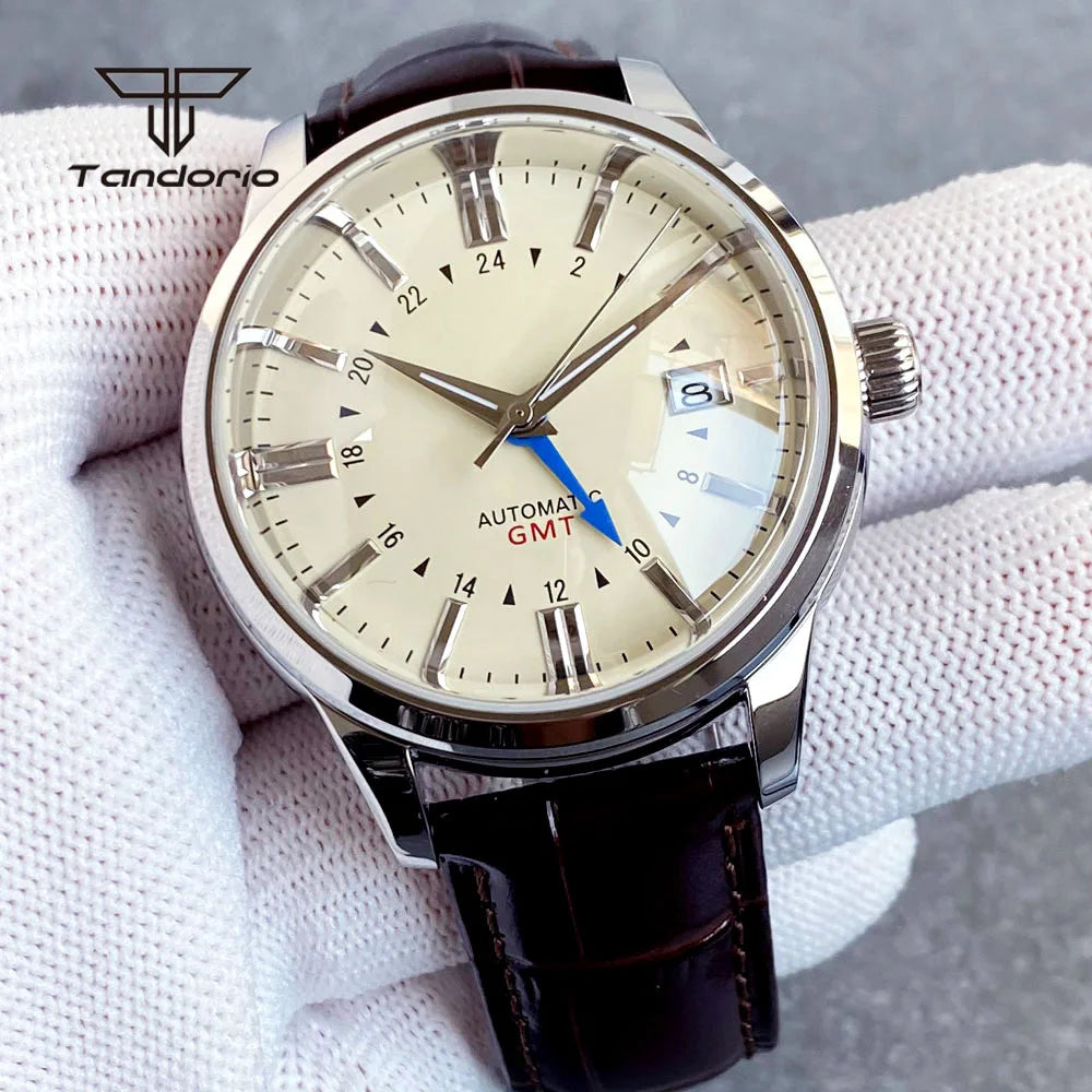 Tandorio Custom NH34 40mm Automatic Watch Double Domed Sapphire Date GMT Polished Dive Wristwatch for Men 20BAR Transparent Back