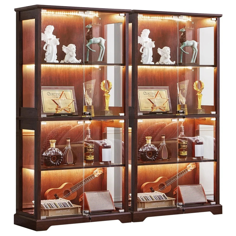 Farmhouse Glass Display Cabinet Set of 2 with Lock Walnut