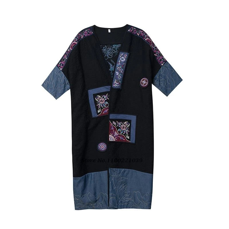 2025 chinese vintag long coat national flower embroidery jacket outerwear retro hanfu tops traditional female windbreaker jacket