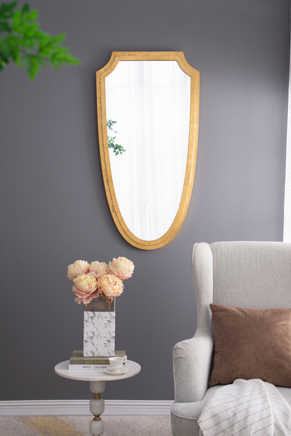 Shield-Shaped Gold Metal Frame Wall Mirror, 24 × 46 in