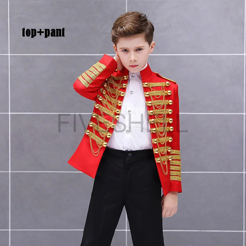 Medieval Steampunk Prince Blazer Costume Military Tassel Chains Cosplay Jacket Shoulder Pad Coat Pop Stage Dacing Tops for Kids