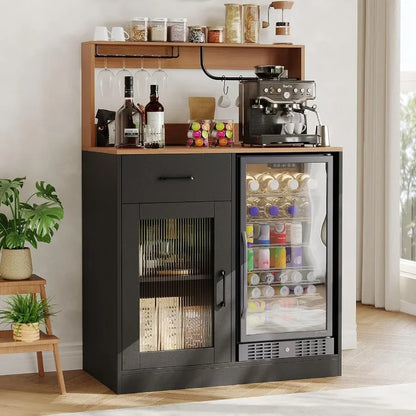 Wine bar cabinet with fridge space and top display hutch for home entertainment, black metal and wood, sleek modern design with