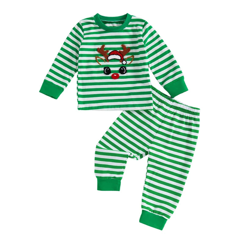 Baby Girl Boy Christmas 2pcs Outfit Striped Santa Embroidered Sweatshirt  Pants Set Toddler Clothes