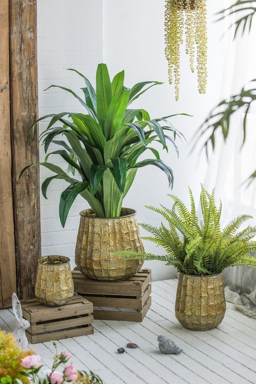Set of 3 Distressed Antique Yellow Metal Planters, 14 in Tall