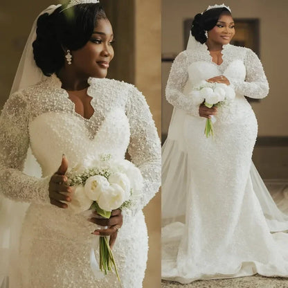 New Luxury Plus Size African Mermaid Wedding Dress Long Sleeve V Neck Lace Beaded Lace Bridal Dress Vestido De Novia Customized