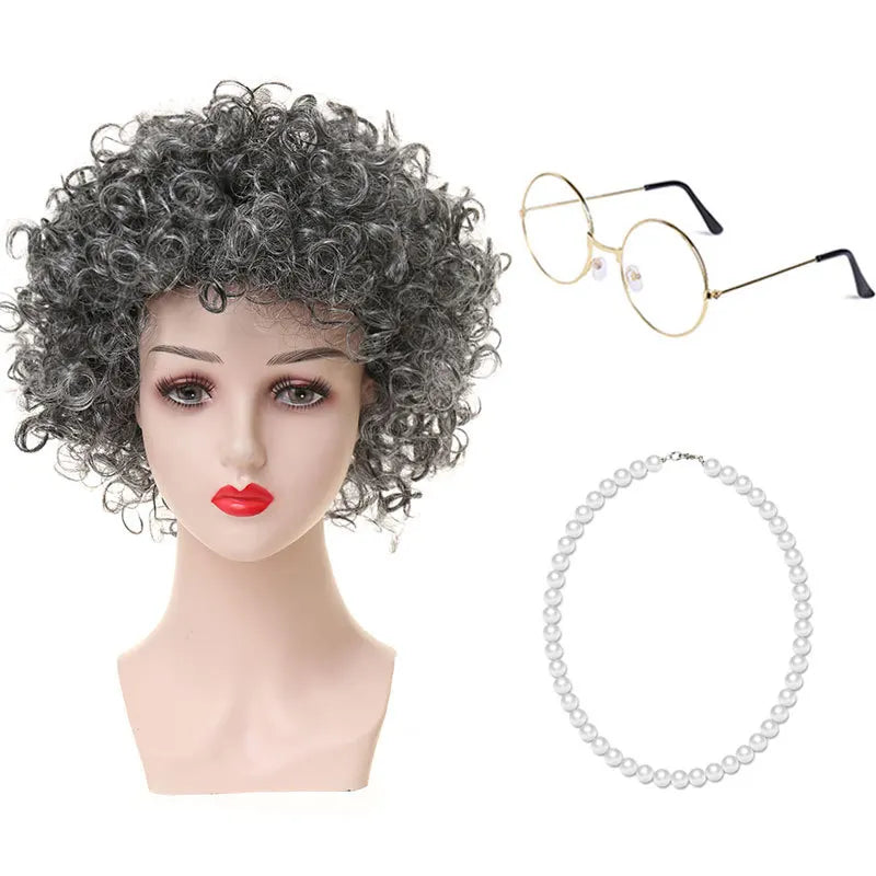 Granny Wig Cos Halloween Granny Curly Hair Charterer Stage Show Wig Cover Props