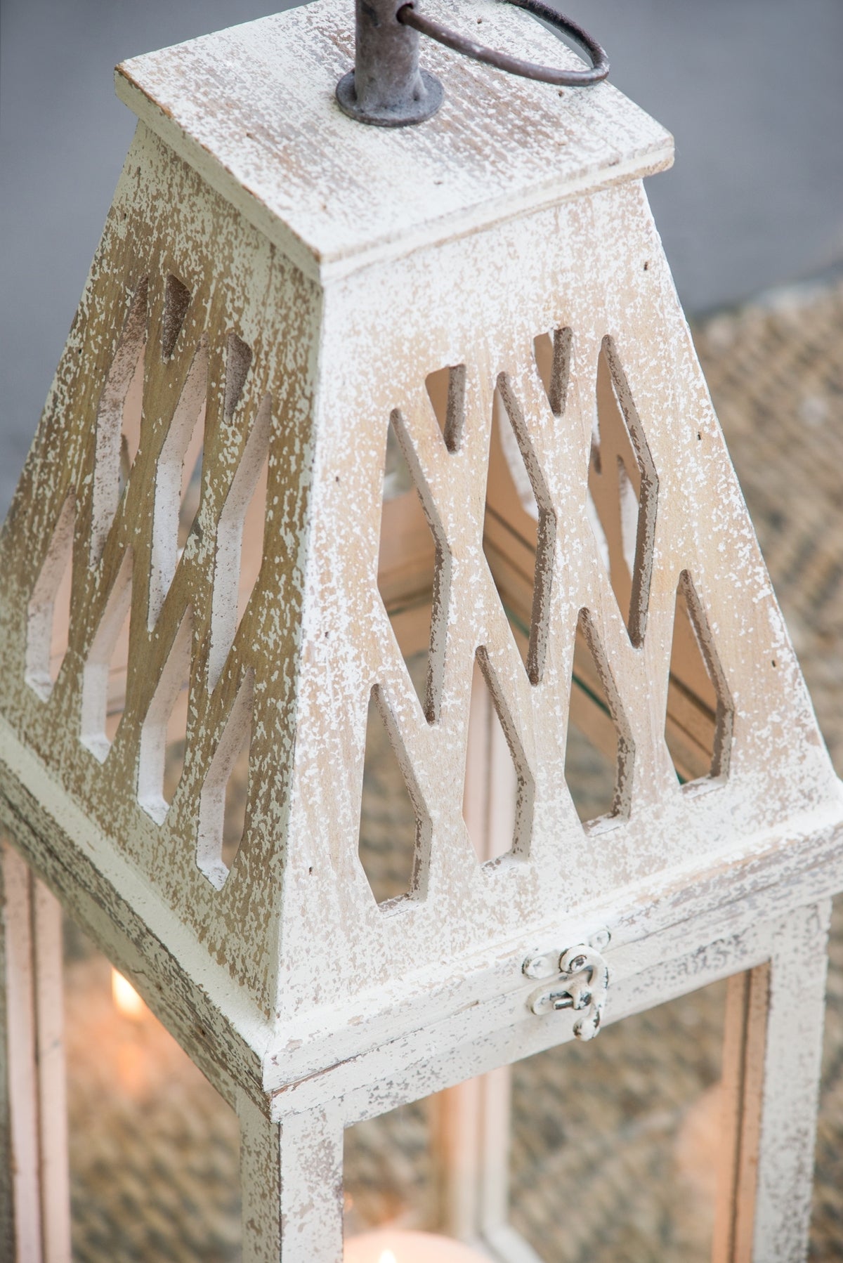 Set of 2 Rustic White French Country Wood & Glass Lanterns