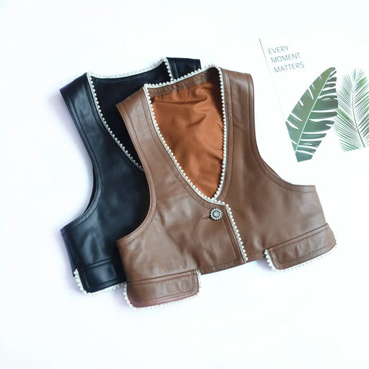 Sleeveless Leather Jacket Spring Autumn Women Real Sheepskin Pearls Decoration Slim Black/Coffee Short Vest Trend Chaleco Mujer