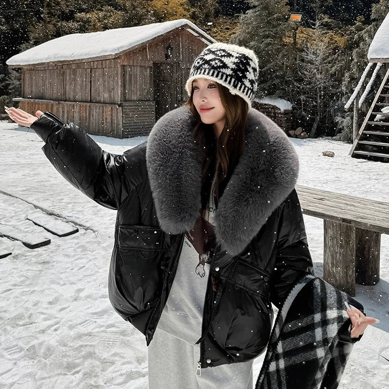 Winter Women Down Cotton Coat Street Imitation Fur Collar Hooded Short Cotton Padded Jacket Female Basic Snow Warm Overcoat 2025