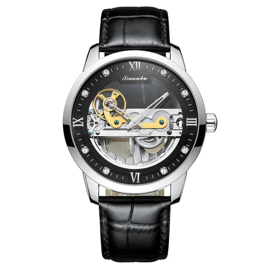 Luxury Steel Skeleton Tourbillon Automatic Watch for Men Leather Mechanical Waterproof Luminous Elegant Wrist Clock