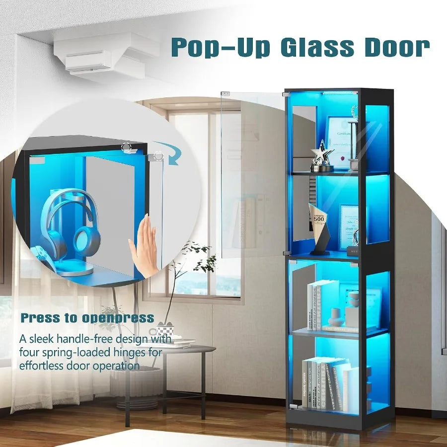 Display Cabinet with Glass Doors, 4-Tier Display Case with RGB Lights, Glass Toy Display Cabinet for Collectible, Curio Cabinet