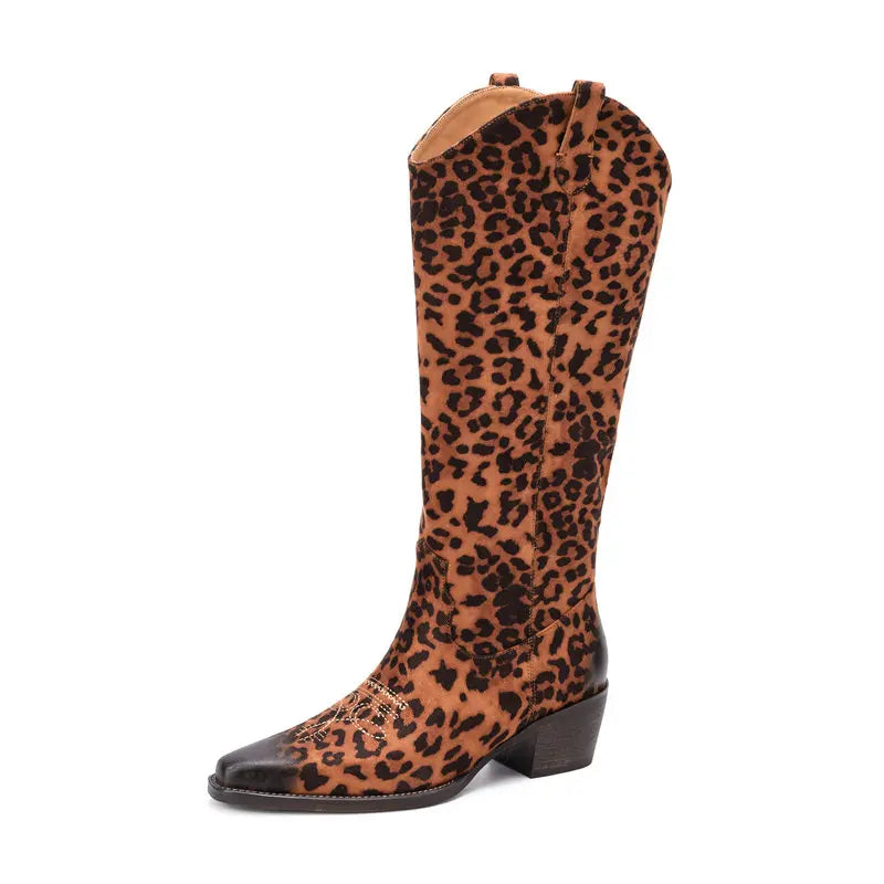 2025 New Retro Knee-Length Women Boots Leopard Print Modern High Heels Fashionable Party Shoes