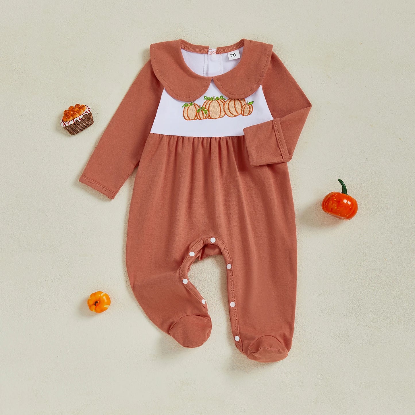 Baby Girl Halloween Romper Pumpkin Embroidered Doll Collar Long Sleeve Footie Pajama Cute Winter Fall Clothes
