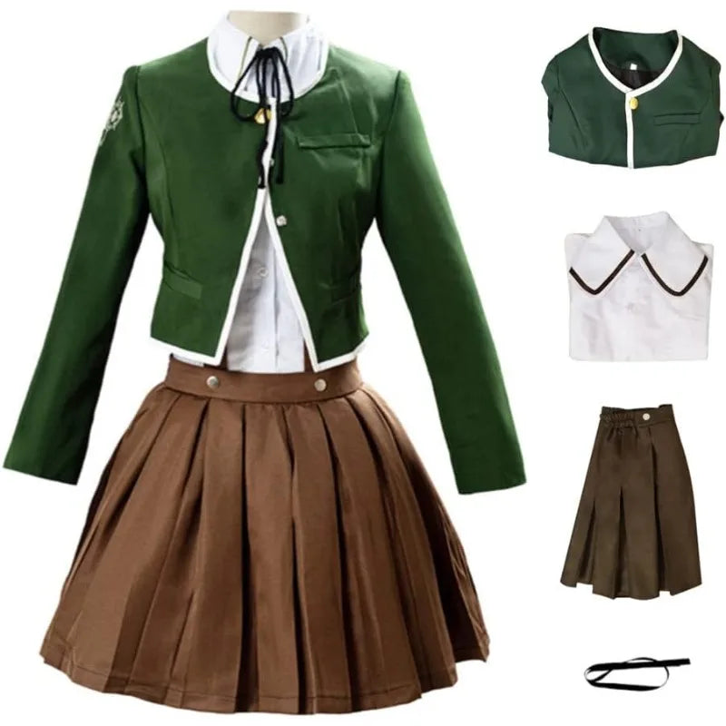 Anime Chihiro Fujisaki Cosplay Costume White Shirt Brown Skirt JK Green Coat Full Set for Women Wig Role Play Outfit Theme Party