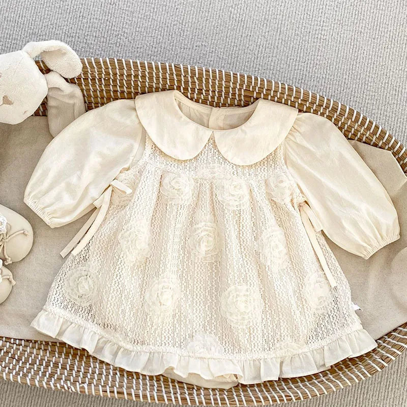 2024 New Autumn 0-24M Children Clothes Newborn Baby Girls Long Sleeved Cotton Bodysuits+Lace Dress Korean Style Climbing Suit