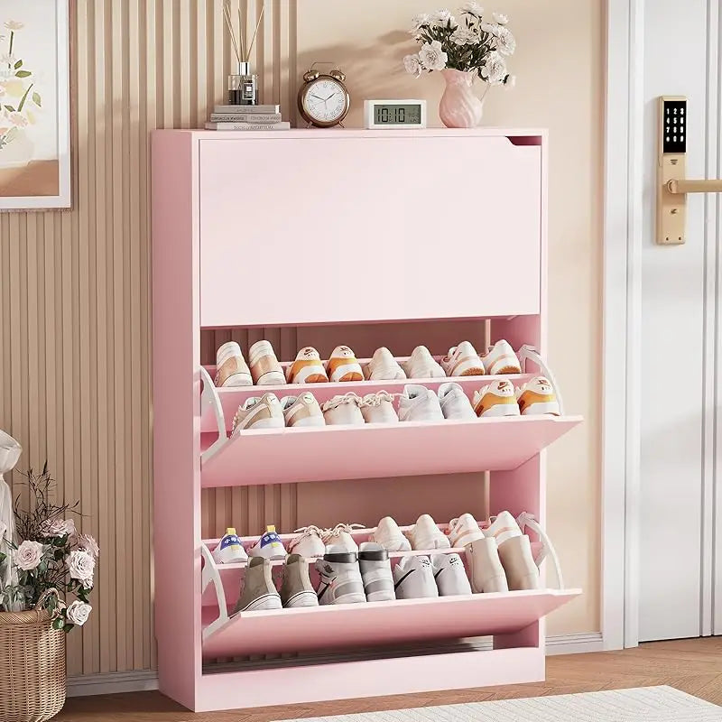 Shoe Storage Cabinet, Wood Shoe Organizer for Entryway with 3 Flip Drawers, Freestanding Shoe Rack with Adjustable Shelf, Narrow