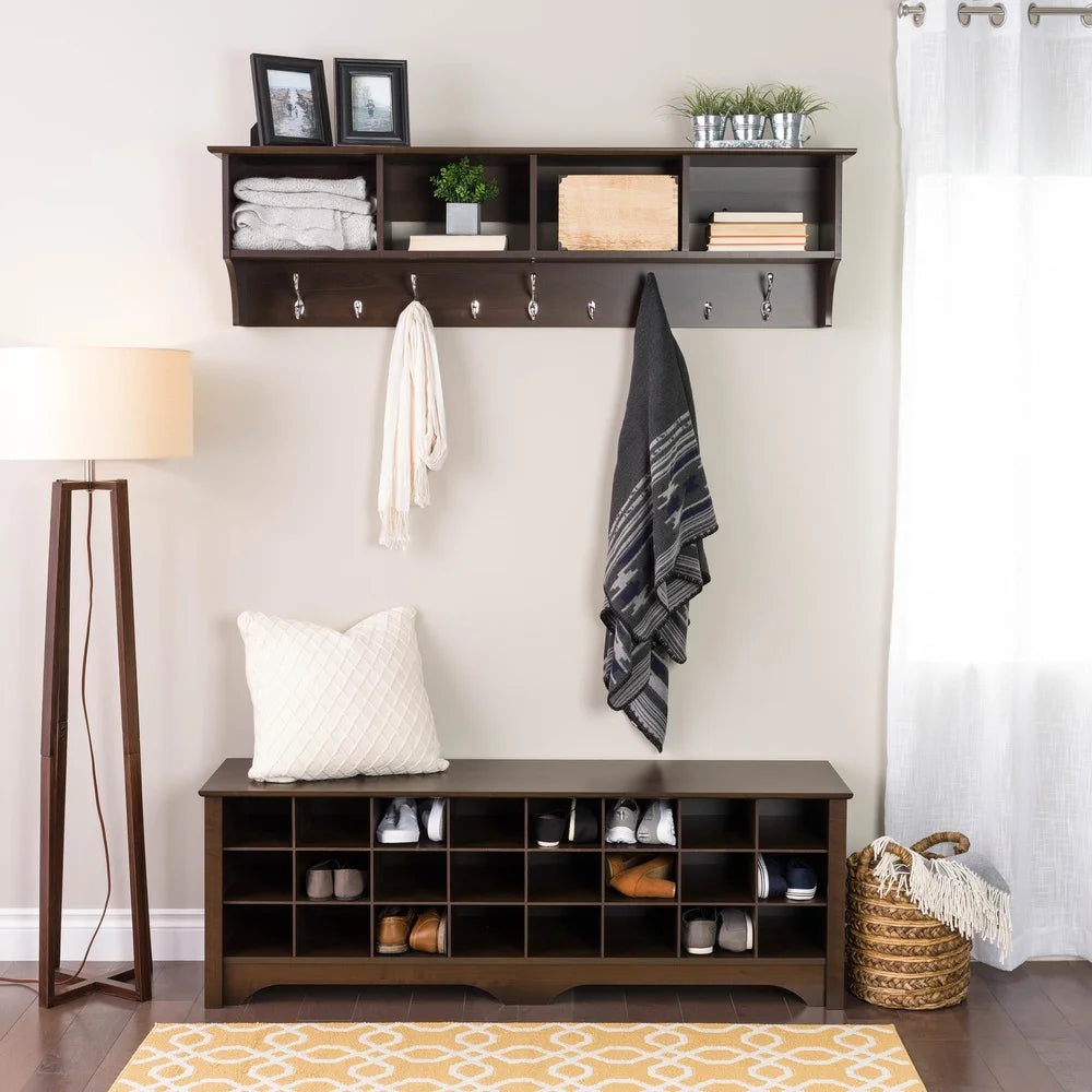 Espresso Entryway Shoe Storage Bench with 24 Cubbies Comfortable Seating Compact Organizer Indoor Use Easy Assembly