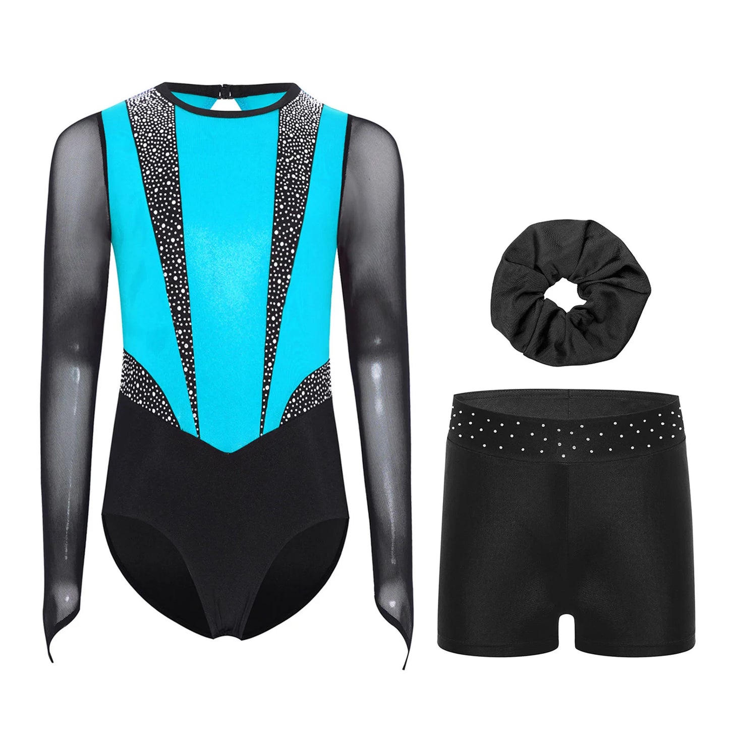 Kids Girls Ballet Gymnastics Sets Sports Tracksuit Figure Skating Dancewear Long Sleeves Rhinestones Leotard with Shorts Suit