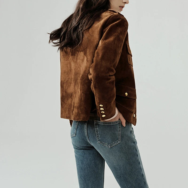 Coffee Vintage Cow Suede Jacket Spring Autumn Women Double Breasted O-Neck Straight Loose Short Leather Coats Jaqueta Feminina
