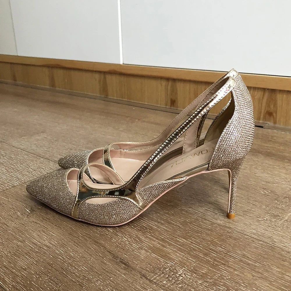 Veowalk 12cm 10cm Gold Glitter Women Sexy D'Orsay High Heels Ladies Bride Wedding Shoes Shiny Sparkle Pointed Toe Stiletto Pumps
