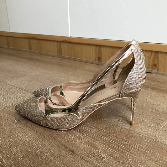 Veowalk 12cm 10cm Gold Glitter Women Sexy D'Orsay High Heels Ladies Bride Wedding Shoes Shiny Sparkle Pointed Toe Stiletto Pumps