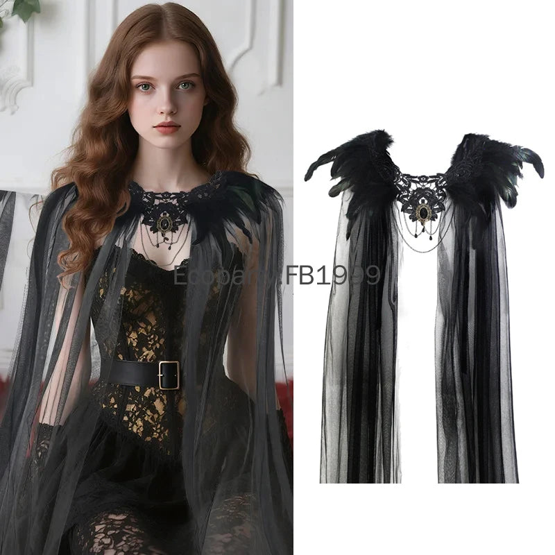 New Halloween Medieval Queen Feather Yarn Cloak for Women Black Tulle Gothic Vampire Bride Cosplay Mesh Shoulder Veil Cape