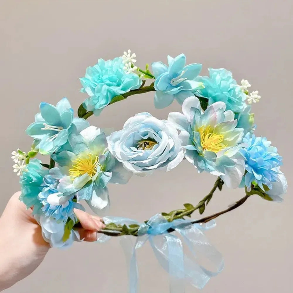 Fascinating Y2k Artificial Flower Fairy Flower Crown with Ribbon Headpiece Flower Headbands Bride Wedding Braided Wreath Women