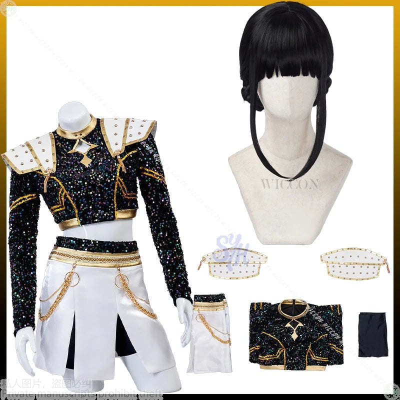 Anime Kpop Demon Cosplay Huntrix Zoey For GOLDEN Stage Uniform Black Coat White Mini Dress Kawaii Jirai Kei Girls Korea Idol Cos