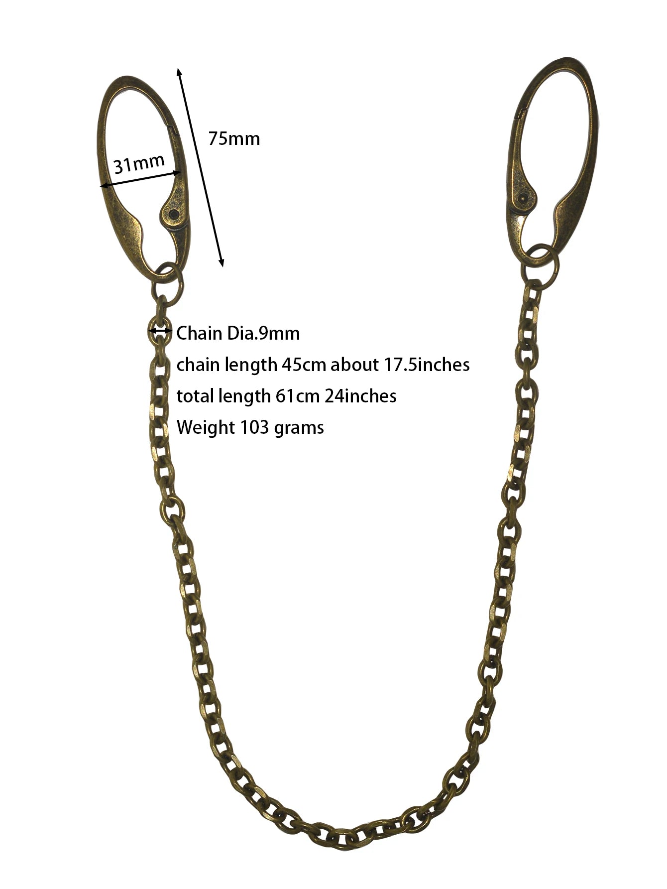 24 in long pants trucker biker jean 9mm carved oval anchor link chain dual  large spring carabiner keychain bronze