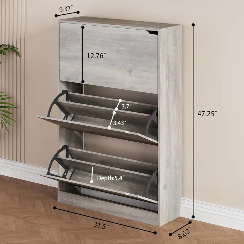 Shoe Storage Cabinet, Wood Shoe Organizer for Entryway with 3 Flip Drawers, Freestanding Shoe Rack with Adjustable Shelf, Narrow