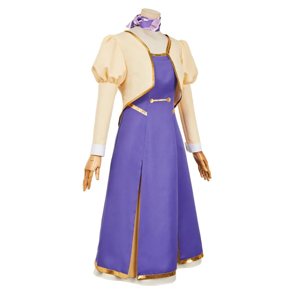 Anime Apocalypse Hotel Hotel Yachiyo Cosplay Apricot Short Coat Purple Dress Scarf Costume Manager Robot Wig  Woman Uniform Suit