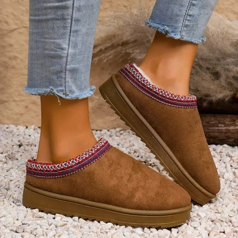 Women Warm Snow Boots Comfortable Cotton Shoes Close Toe Hair Half Slippers Female Autumn Winter Slip on Platform Boots Woman