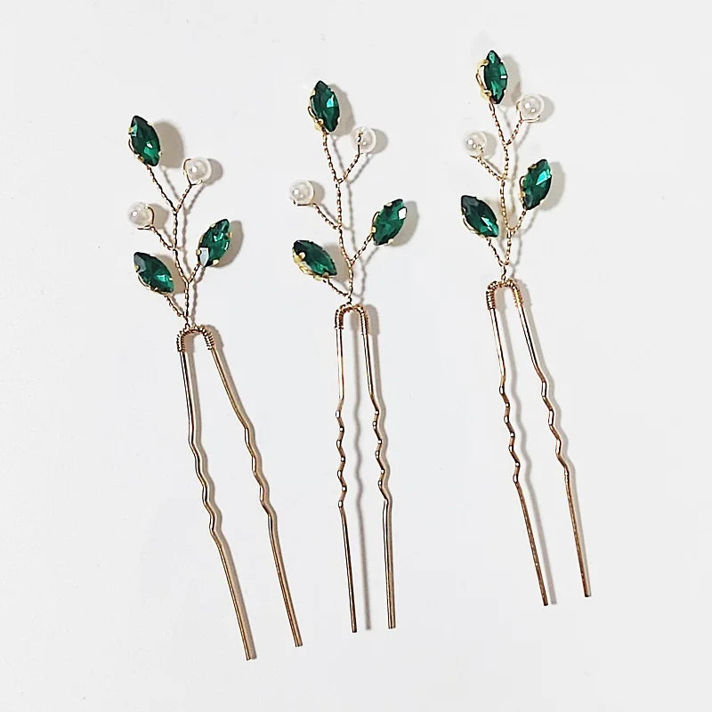 Green Color Rhinestone Hair Combs Bridal Hair Jewelry Leaf Hairpins Pearls Hairpins Bride Wedding Headdress Headband