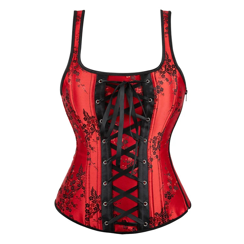 Corset Top Bustier Halter Strap Plus Size Embroidery Flower Lace UP Overbust Burlesque Costume Sexy Lingerie Women Red Black