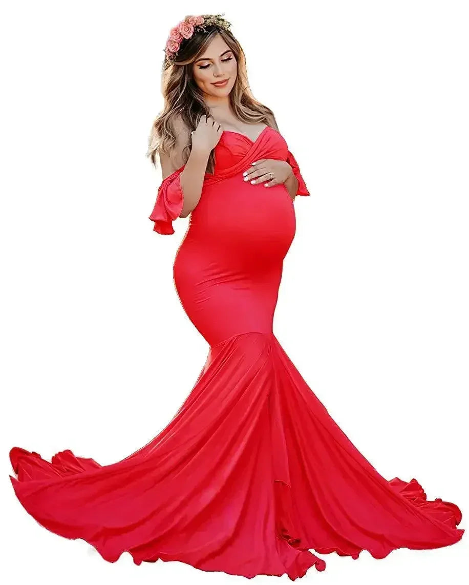 Mermaid Maternity Cotton Dresses Photo Shoot Pregnant Women Sexy Shoulderless Pregnancy Baby Shower Photography Props Clothes