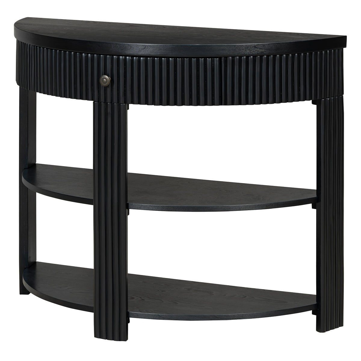 Fluted Half Moon Console Table with Drawer and 2 Shelves for Entryway,