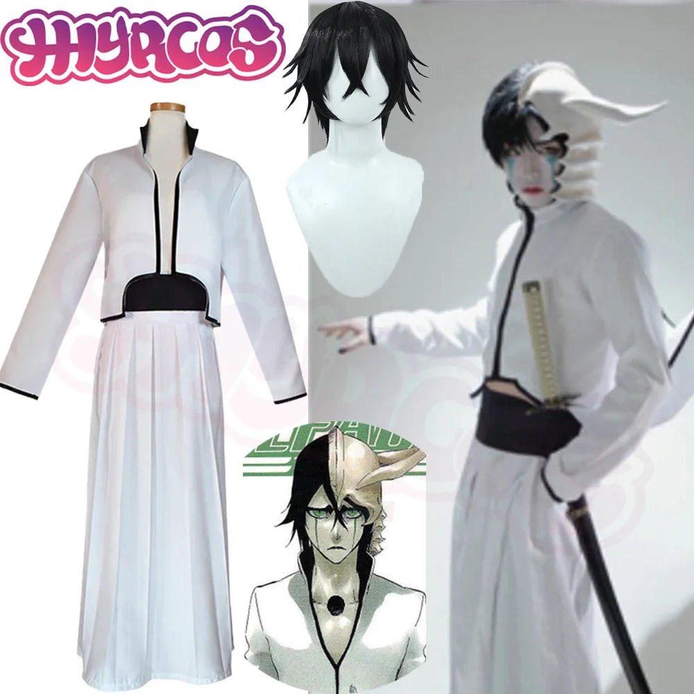 CosplayAnime Bleach Ulquiorra's Cosplay Costume Ulquiorra Helmet Masks Wigs Hairs White Kimono ( Jacket + Pants + Belt ) Kendo C