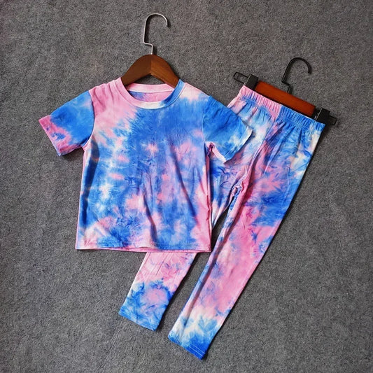 Baby Girls T shirts and Long Pants Suits Summer Tie Dye Print  Kids Girls Tops V-neck T Shirt Children Slim Sport Clothes Set