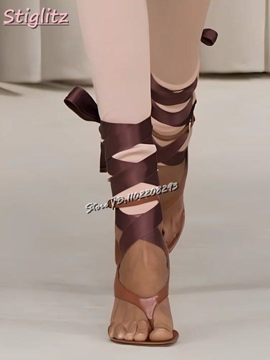 Silk Satin Cross-tied Sandals Clip-Toe Lace-up Flip-flop High Heels Riband Elegant Dress Shoes 2025 Summer New Fashion Women