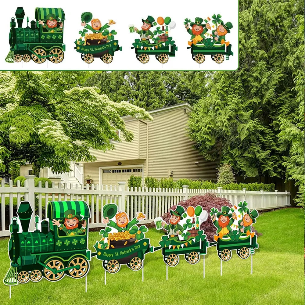 4/8 Pcs Leprechaun Shamrock Balloon Hat Rainbow Sign St. Patrick's Day Yard Sign Train Lawn with Stakes Irish Decor Home Garden
