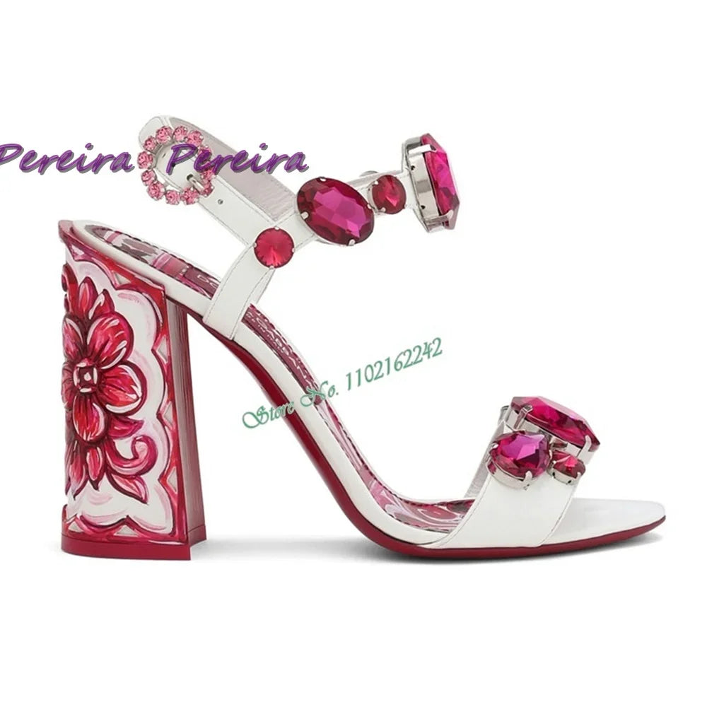 Classic Colorful Gemstone Sandals Crystal Open Toe Chunky Heel Buckle Strap High Heel Flower Designer Women Dress Party Shoes