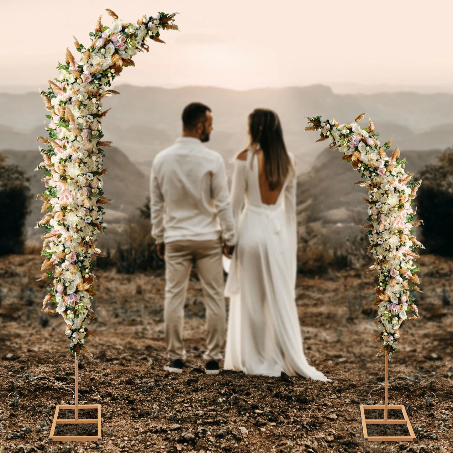 2 Pieces Gold Wedding Arch Balloon Flower Backdrop Stands Road Guide Wedding Stand Curved Top Frames 6ft, 8ft