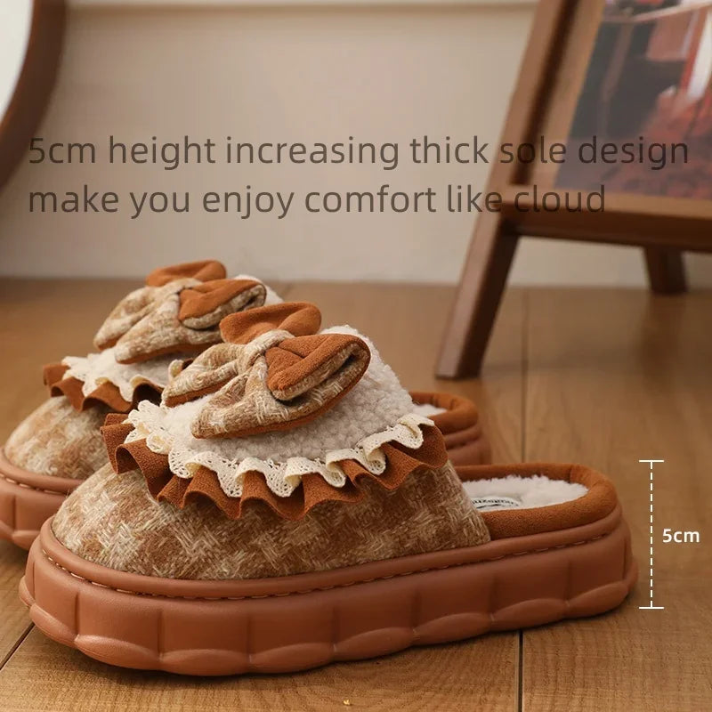 Women Winter Fashion Butterfly-Knot House Slippers Ladies Warm Flat Casual Shoes Female Soft Outdoor Versatile Bow Footwear
