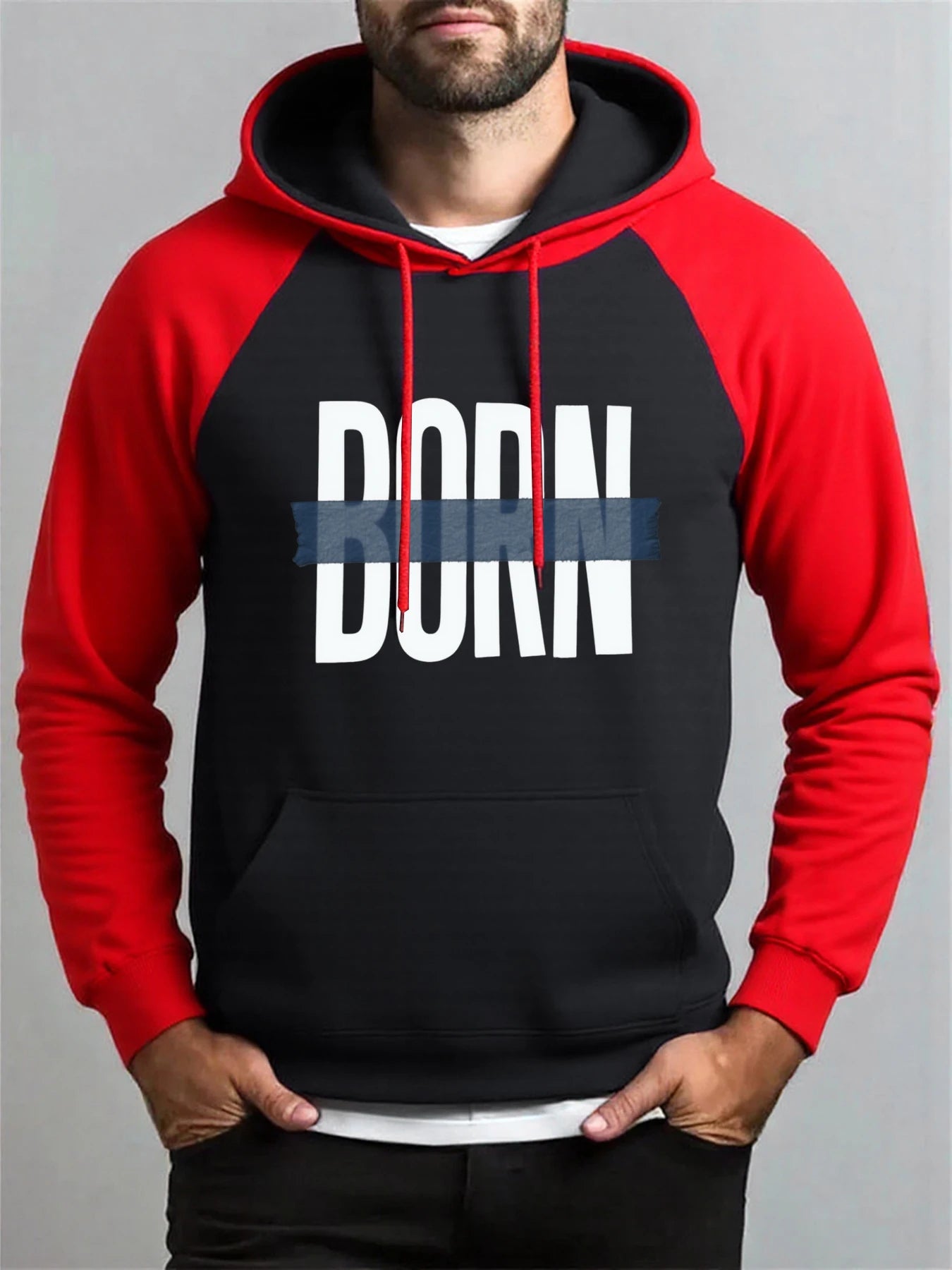 Born Adhesive Tape Prints Men Raglan Hoodies All-Match Hoody Fleece Casual Clothes Street Hip Hop Pullover Autumn Fashion Coat