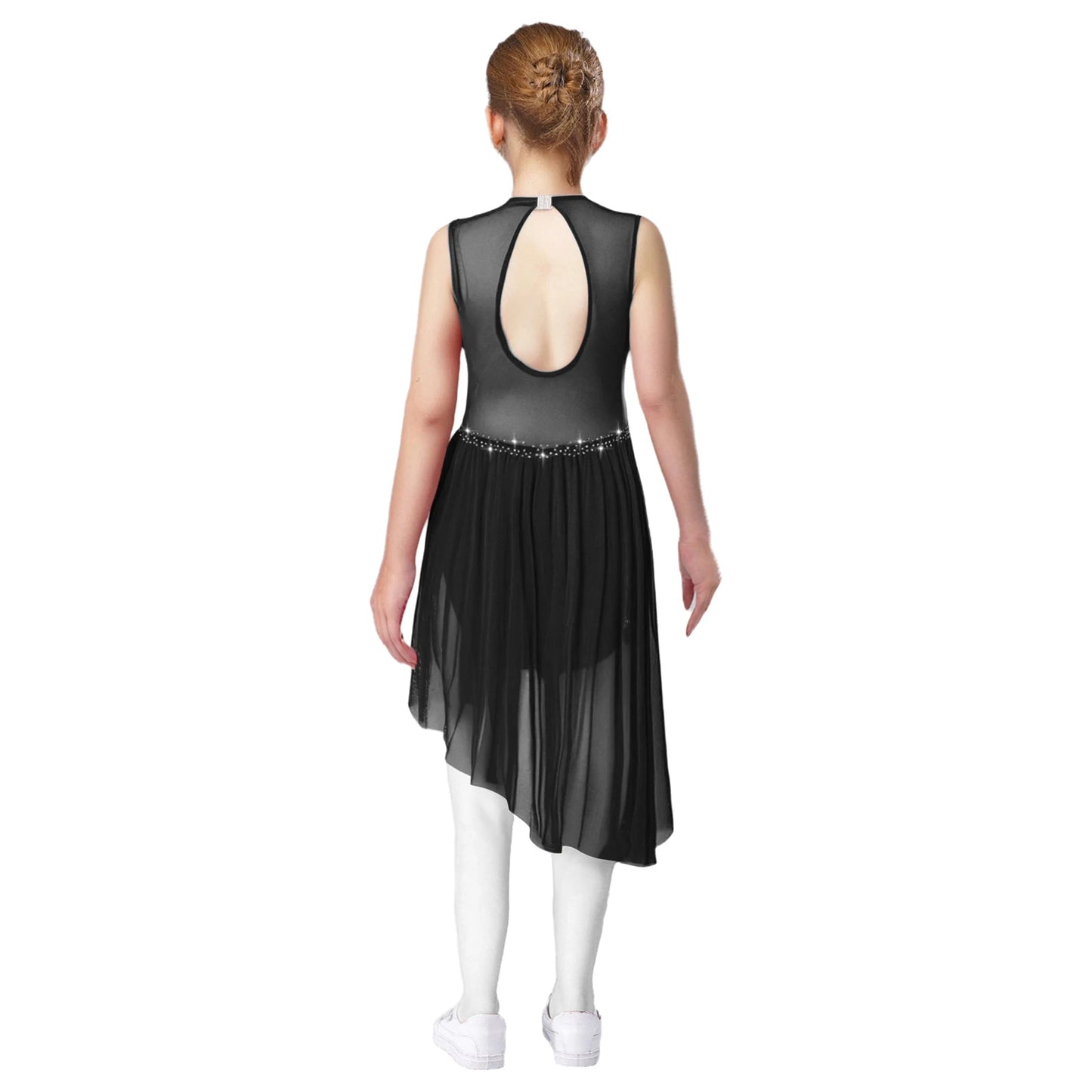 Kids Girls Ballet Dance Dress Figure Ice Skating Dancewear Open Back Asymmetrical Hem Rhinestone Sheer Gymnastics Leotard Dress