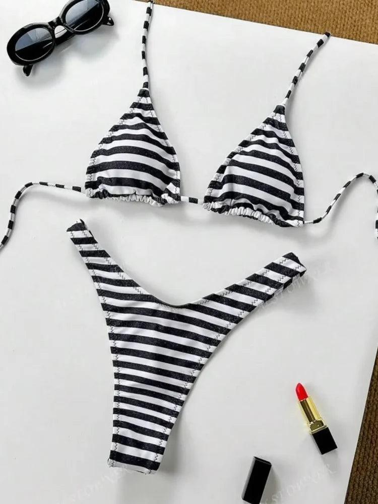 2025 New Beach Vacation Fashion Personality ins Style Bikini Suit Y2K Sexy Hot Girls Striped Printed Triangle Lingerie Underwear