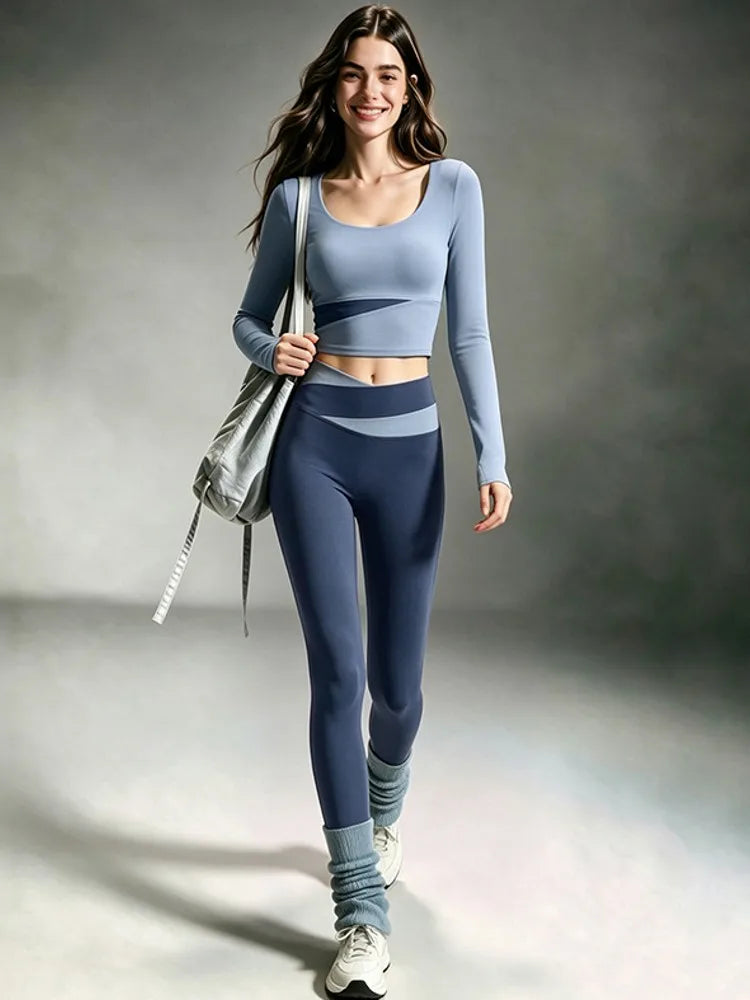 2 Piece Sets Women Quick-Dry Sports Set O-Neck Long Sleeve Top Pants Running Fitness Workout Athletic Wear Tracksuit Sportswear