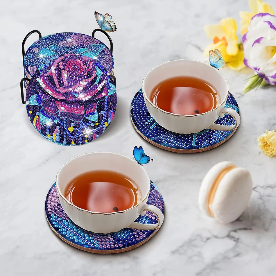 8pcs/Set DIY Diamond Painting Coasters with Holder Anti Slip Wood Drip Mats Crystal Rhinestones Diamond Art Coasters for Adults