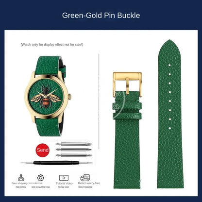 watch band For GUCCI YA1264065 Little Bee Embroidered Gucci Men's and Women's Green Genuine Lea/ther Watch Strap 20mm Bracelet